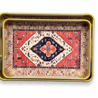A detailed top-down view of the decorative serving tray set of 2 featuring intricate oriental patterns and a gold border,