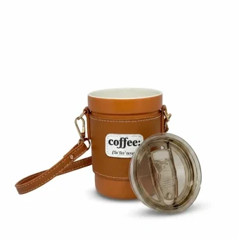 The brown leather-sleeve coffee tumbler shown with its lid removed.