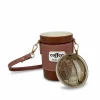 The orange leather-sleeve coffee tumbler shown with its lid removed.