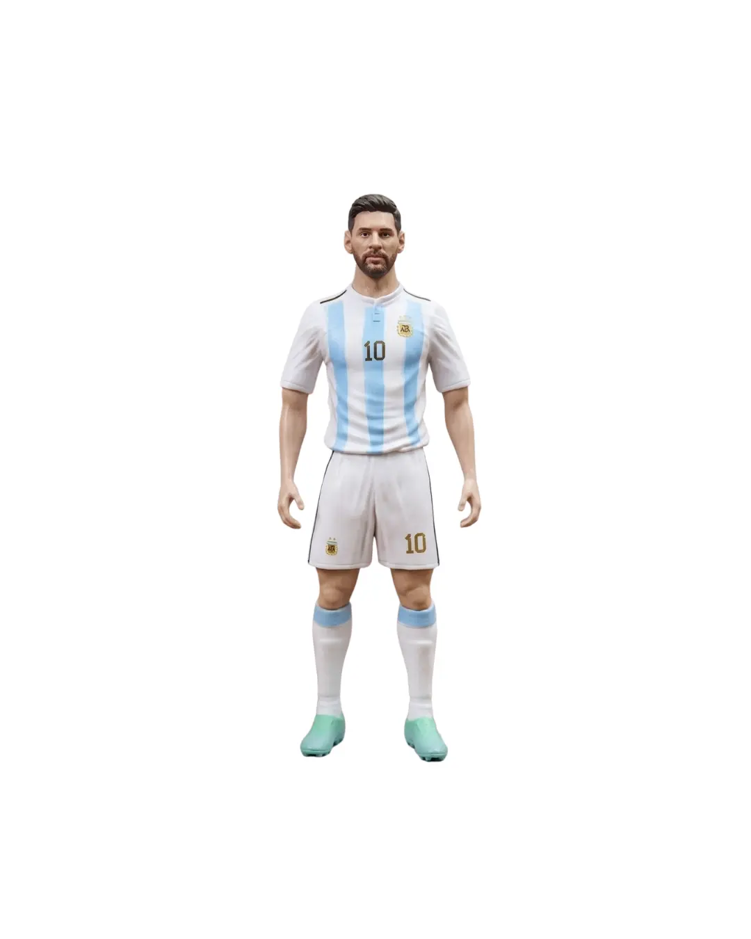 Lionel Messi collectible action figure in the light blue and white striped Argentina national football jersey with number 10, on a clean white background.