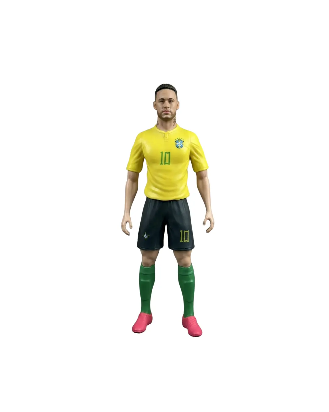 Neymar Jr. collectible action figure dressed in the yellow and green Brazil national football team jersey with number 10, on a white background.