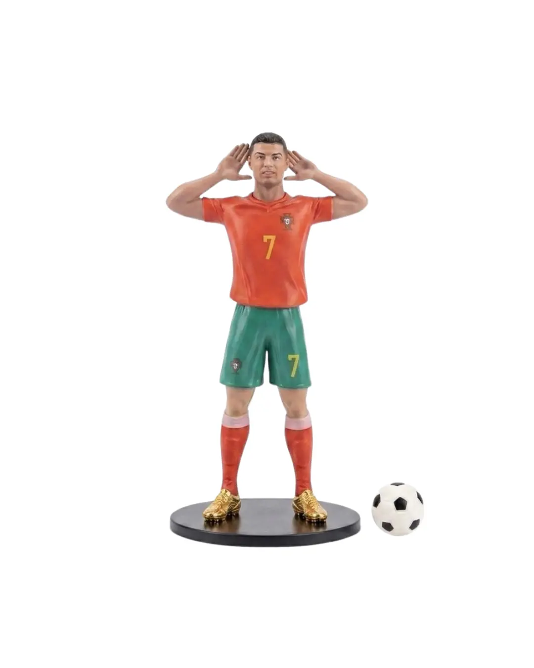 Cristiano Ronaldo collectible action figure in the red and green Portugal national football team jersey with number 7, on a solid white background.