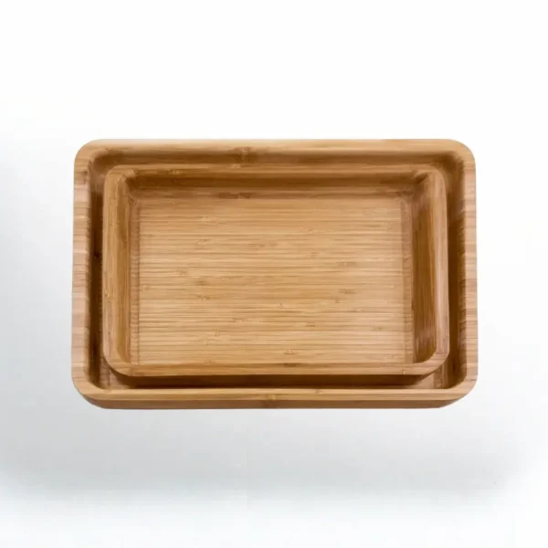 A top view of the Natural Bamboo Serving Tray set.