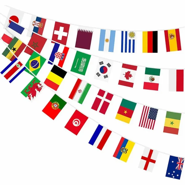 World Cup 48 string flag banner featuring a colorful collection of international country flags measuring 14x21 cm each, hanging against a white background.