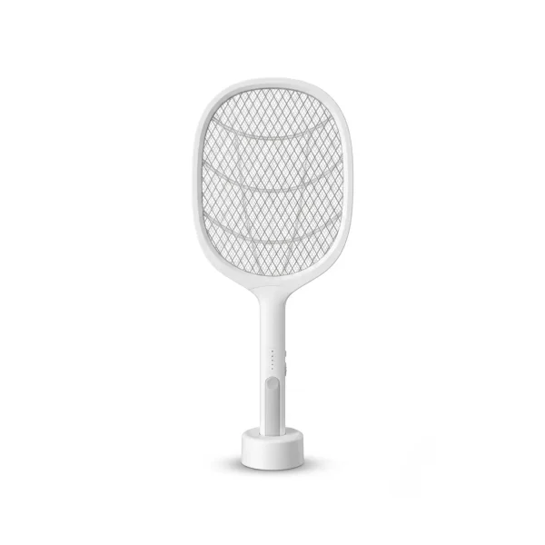 The Verotti 2-in-1 electric mosquito killer and swatter standing in its charging base,