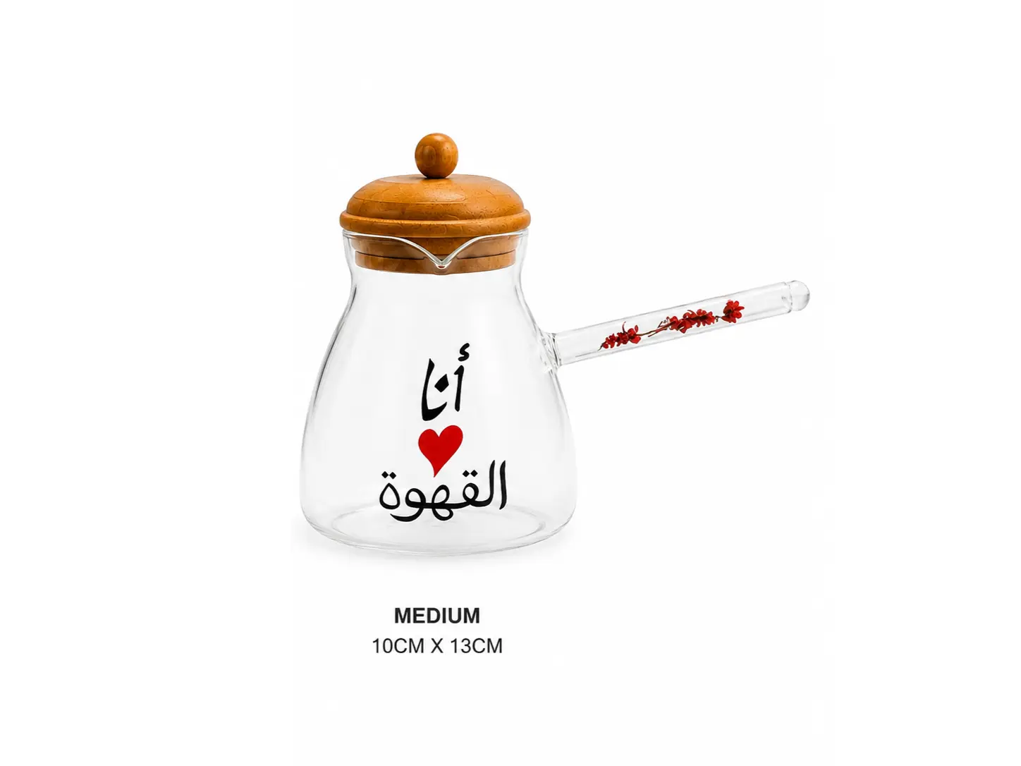Medium glass coffee pot with wooden lid and decorative glass handle – 10x13 cm