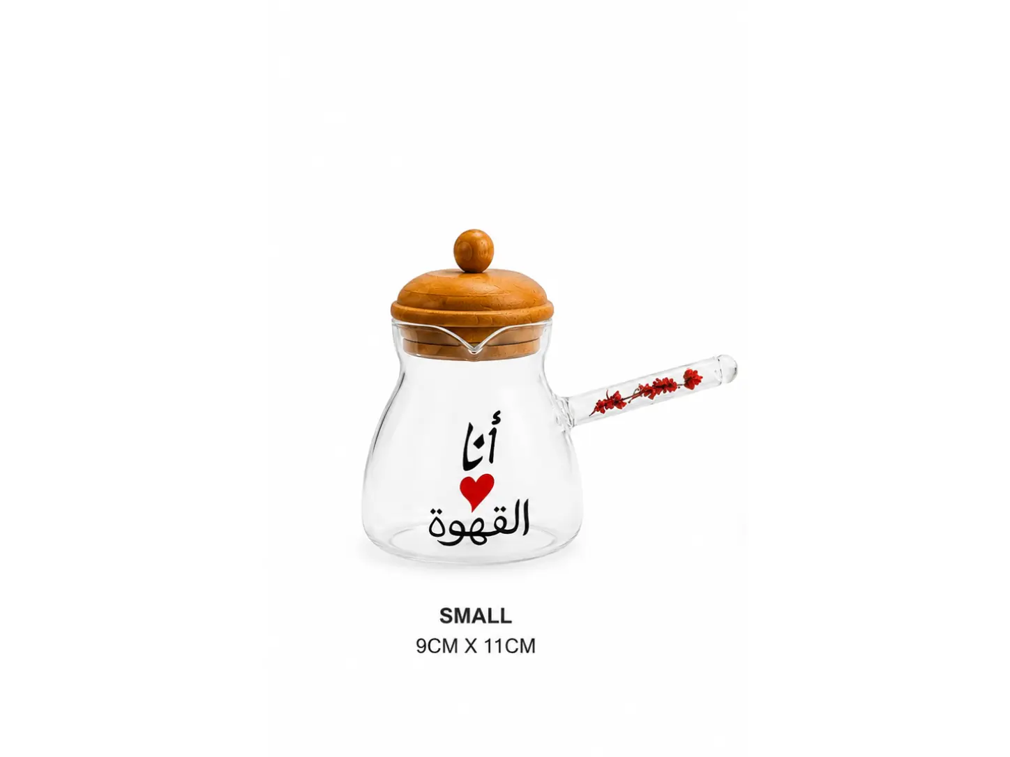 Small glass coffee pot with wooden lid and decorative glass handle – 9x11 cm