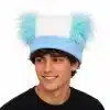 A young man wearing a vibrant light blue and white faux fur hat representing Argentina's national football team colors, isolated on a white background.