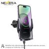 The Nexera NX-CH02 car holder charging a smartphone with a green wireless charging icon displayed.