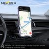 A smartphone mounted on the Nexera NX-CH02 displaying GPS navigation inside a car.