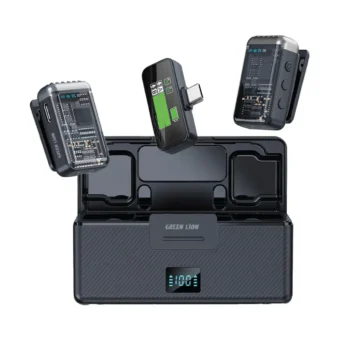 Green Lion GM-90X wireless microphones and receiver with charging case open