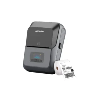 Green Lion thermal printer with label roll and printed shipping label