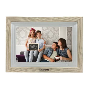 Green Lion digital picture frame displaying family photo, wooden finish
