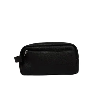 Black PU leather travel pouch with zippered compartments front view