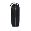 Black leather travel pouch side view showing zipper and handle