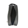 Black leather travel pouch open showing spacious interior compartment