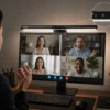 Porodo LumaView webcam and desk light mounted on monitor during video call