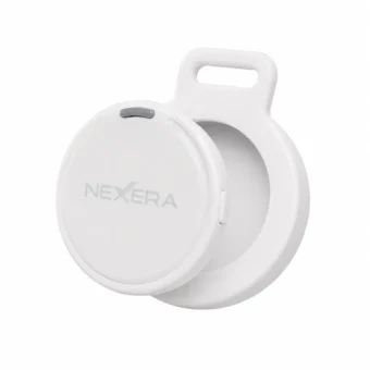 NEXERA Smart Finder Bluetooth tracker attached to keys with app screen