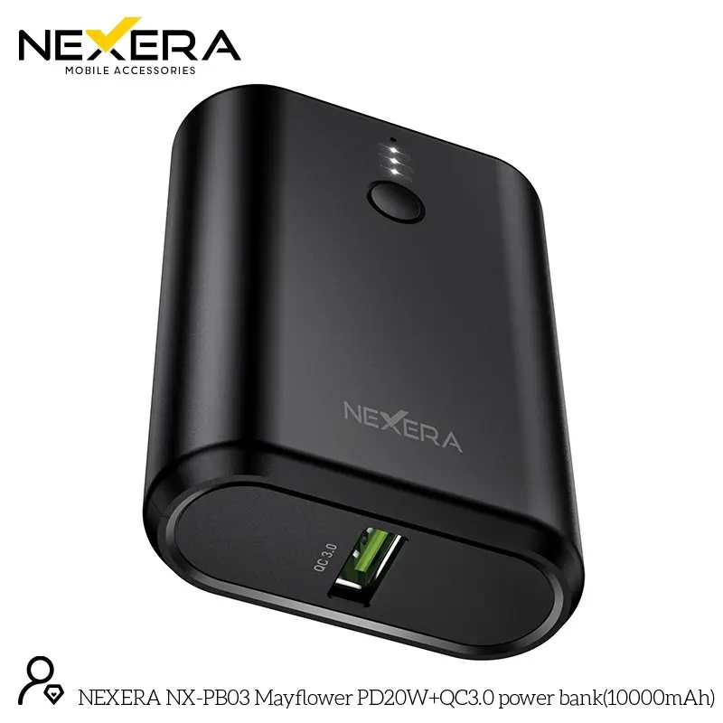 NEXERA Mini Portable Power Bank angled view with LED indicator