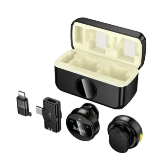 Hoco L22 wireless microphone set with charging case, Lightning adapter, USB-C adapter, and two mic units
