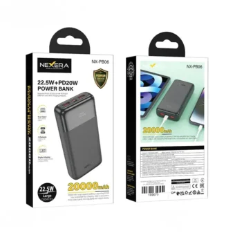 NEXERA 20,000mAh power bank angled view, black