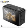 NEXERA NX-CAM02 dual color screen sports camera, front view showing 4K30FPS display and MODE/OK buttons