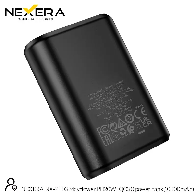 NEXERA Mini Portable Power Bank angled view with battery lights on, black