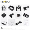NEXERA NX-CAM02 sports camera full accessory kit including waterproof case, mounts, battery, straps, and USB cable
