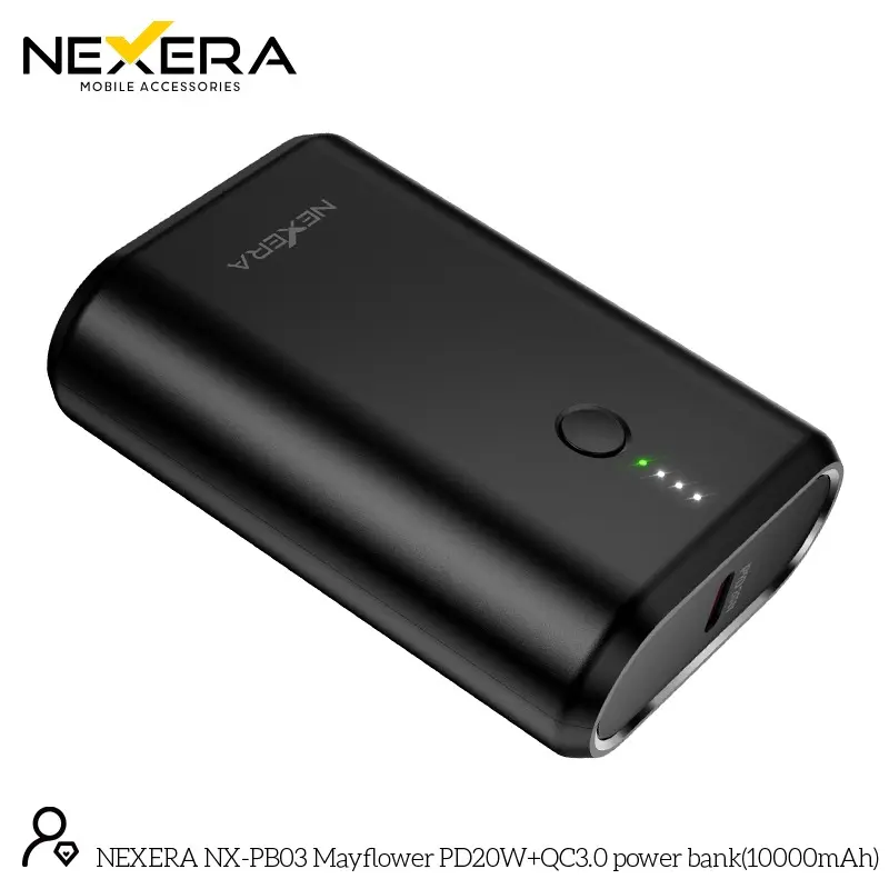 NEXERA Mini Portable Power Bank angled view showing USB-A QC3.0 port