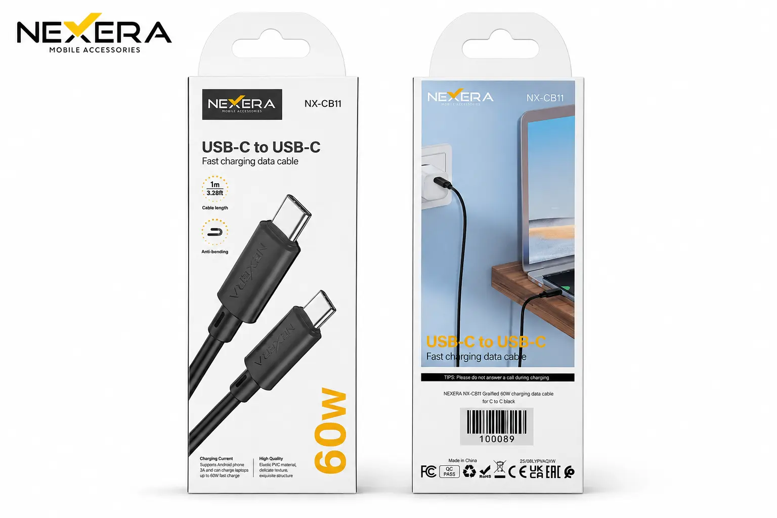 Nexera Leather-Style Cable USB-C to USB-C coiled on white background, 1 meter