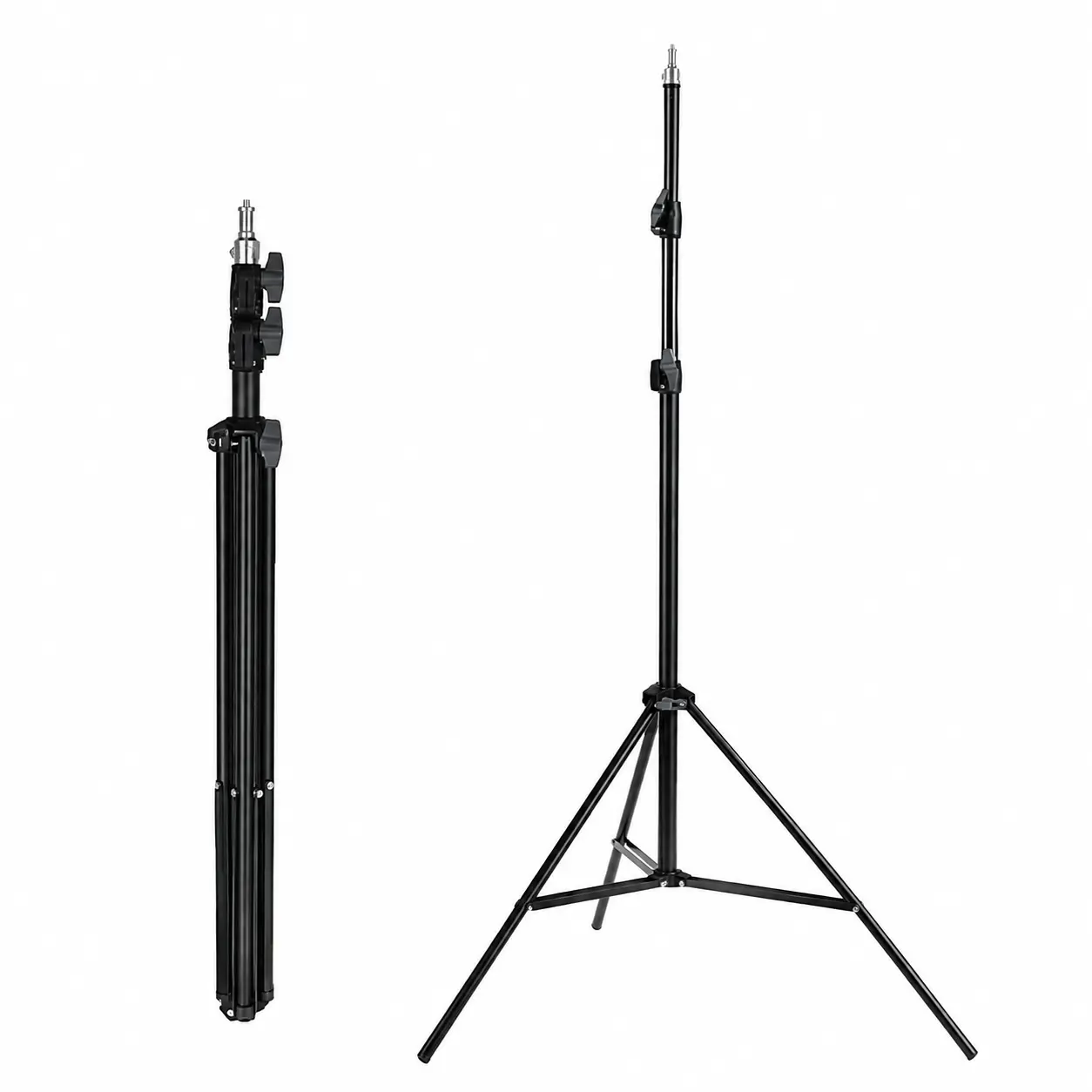 Adjustable Light Stand Tripod folded and fully extended, side by side comparison