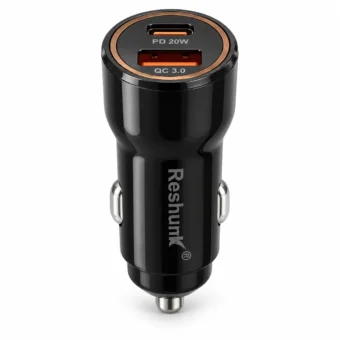 Black Reshunk 20W fast car charger with USB-C Power Delivery and USB-A Quick Charge 3.0 ports