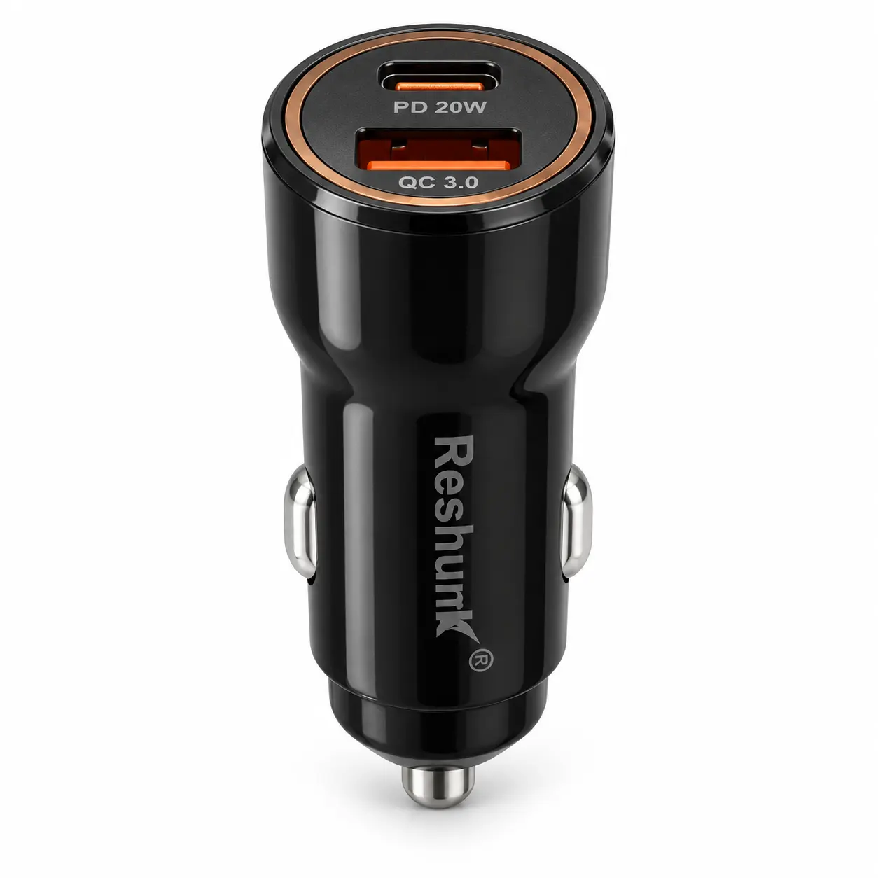 Black Reshunk 20W fast car charger with USB-C Power Delivery and USB-A Quick Charge 3.0 ports