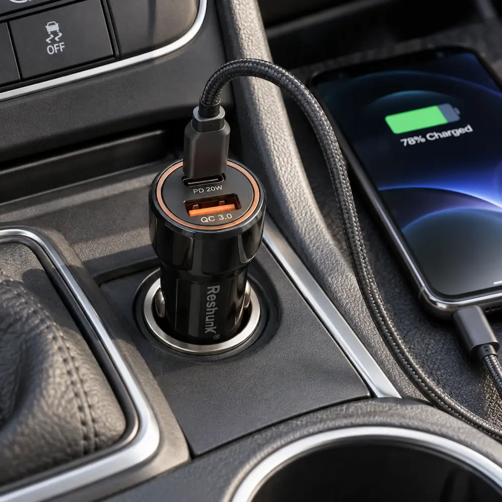 Reshunk dual port fast charger plugged into a vehicle socket and charging a smartphone through USB-C