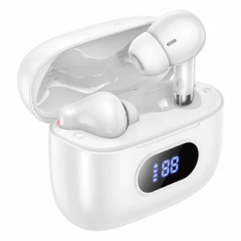 White Hoco EQ2 Plus wireless earbuds inside an open charging case with LED battery display