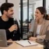 Man and woman drinking from black and gray yerba mate travel bottles in an office