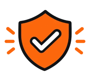 Orange shield icon with a white checkmark and motion lines, representing warranty, buyer protection, or verified quality
