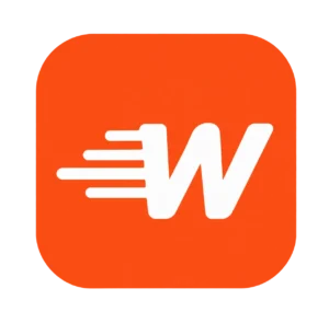 Orange rounded-square app icon with a white stylized "W" formed by speed lines, suggesting fast delivery or service, whish logo.