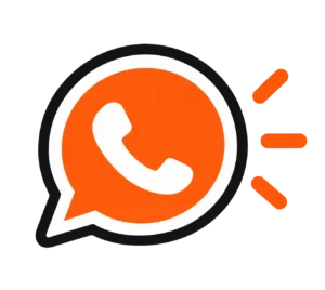 Orange WhatsApp speech bubble icon with a phone handset, surrounded by small motion lines indicating an incoming message or call