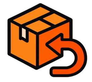 Orange and black icon of an open cardboard box with a curved return arrow, representing product returns or exchanges