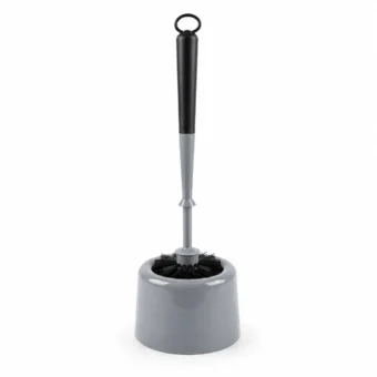 Black and grey toilet cleaning brush with matching freestanding storage holder
