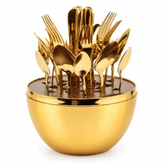 Gold stainless steel cutlery set containing spoons, forks and knives arranged in a matching countertop storage holder