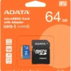 ADATA 64GB microSDXC UHS-I Class 10 memory card with SD adapter in retail packaging