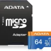 ADATA 64GB microSDXC memory card displayed with the included full-size SD adapter