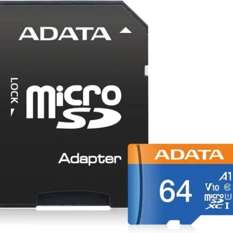 ADATA 64GB microSDXC memory card displayed with the included full-size SD adapter