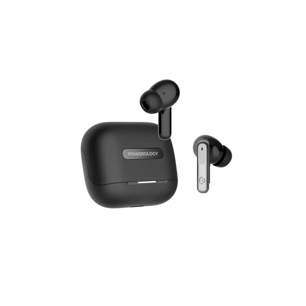Black Powerology Hybrid ANC wireless earbuds displayed beside their closed charging case