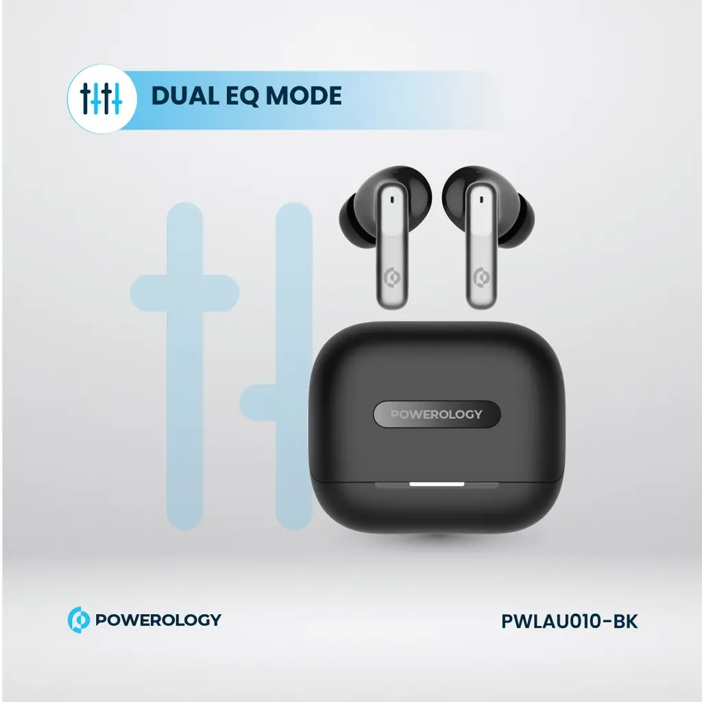Powerology PWLAU010 earbuds and charging case showing the dual EQ mode feature