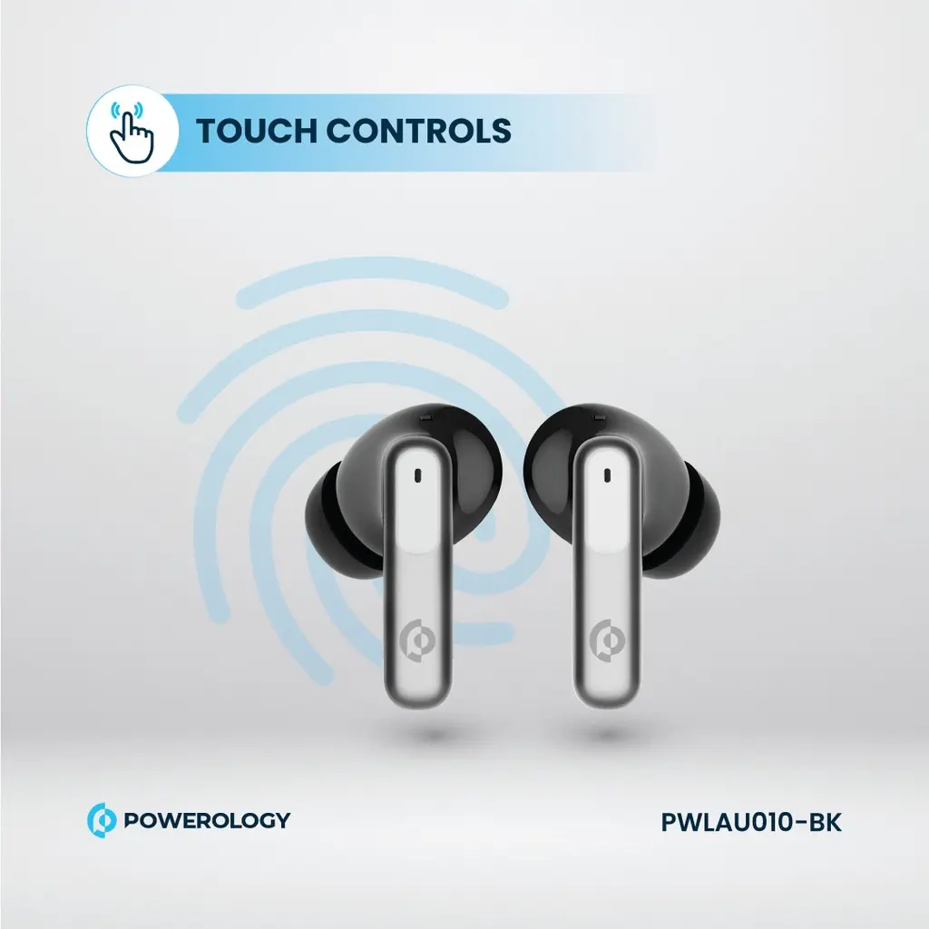 Powerology PWLAU010 wireless earbuds showing their built-in touch control areas