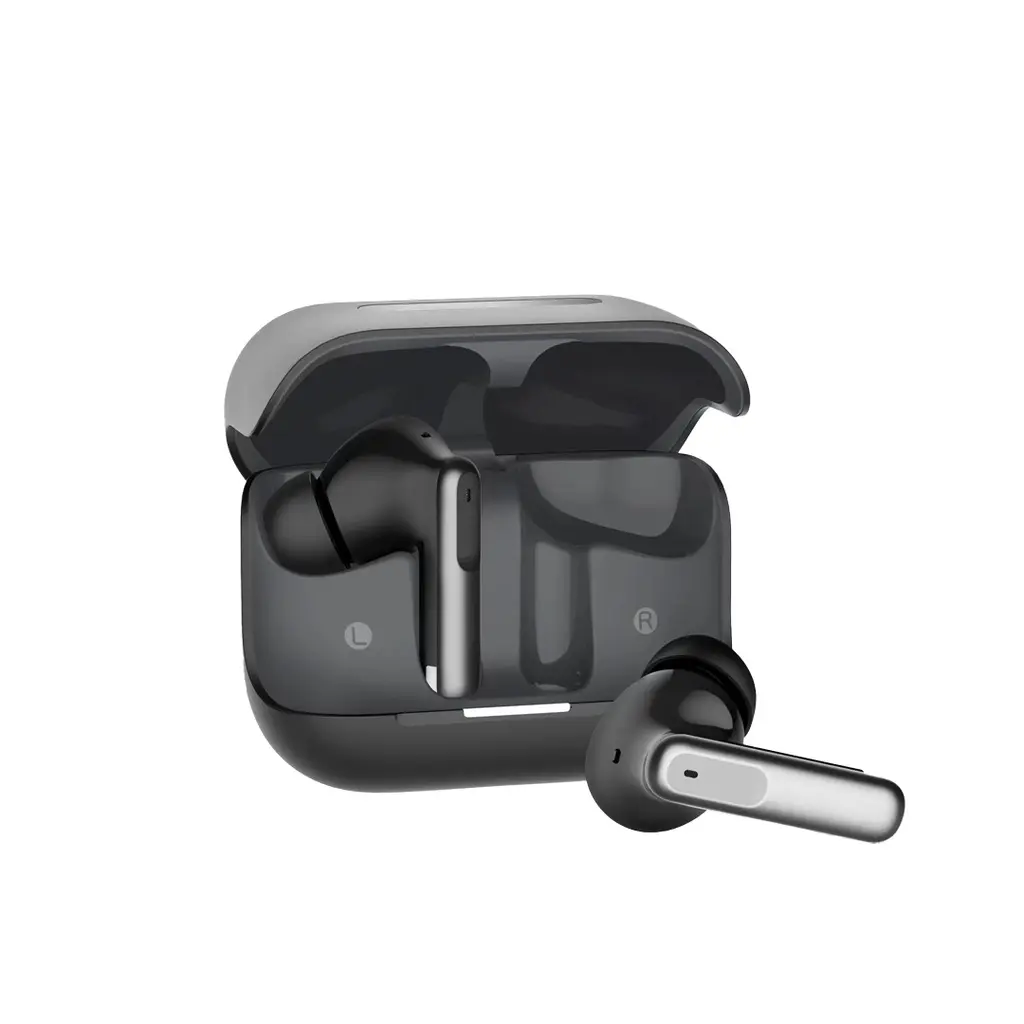 Powerology PWLAU010 black wireless earbuds with an open charging case