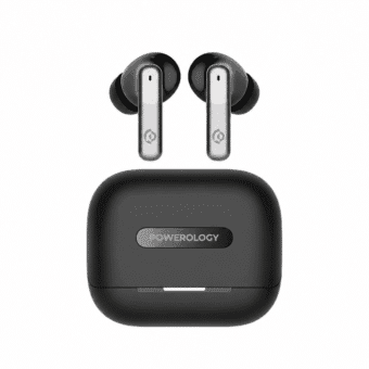 Black Powerology PWLAU010 wireless earbuds displayed above their charging case